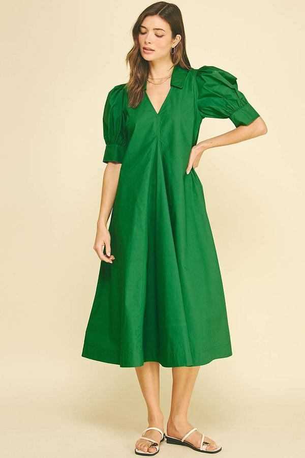Harriet Grass Green V-NECK PLEATED A-LINE DRESS