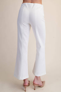 High Waist Stitch Pleats Flare Crop Stretchy Pants: White / L