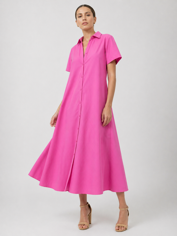 Noelle A-Line Button Down Pink Shirt Dress