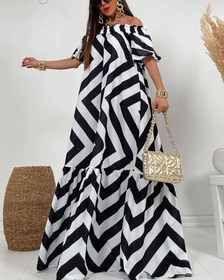 Janie Sexy Loose One-Shoulder Print Flared Sleeve Dress: GreenPink