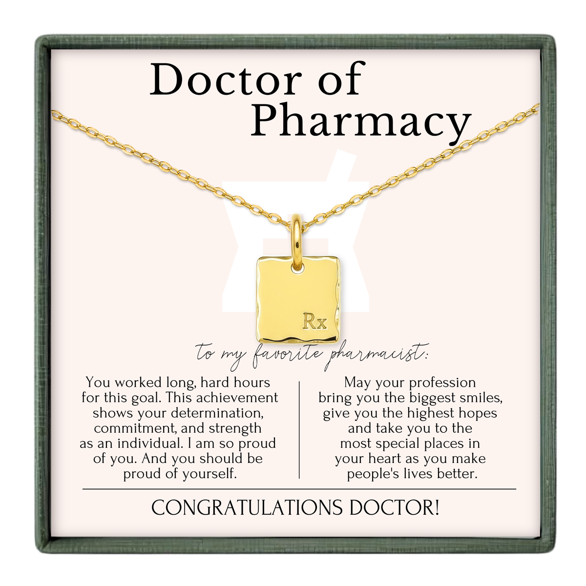 Pharmacist Graduation - Pharmacy Rx Charm Necklace: 14k Gold Vermeil / Necklace is 18” long with an adjustable ring of 16” Rx pendant measures 0.45" in width and 0.45" in height. / Minimalist