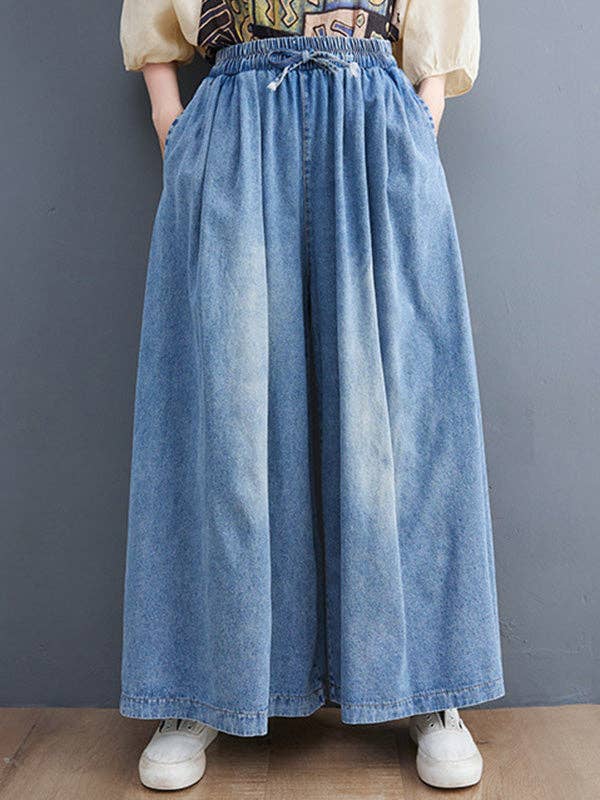 Kennedy Simple Casual Loose Wide Leg Drawstring Jean Pants
