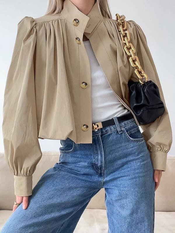 Bubble Sleeve Cropped Trench Coat Women Khaki N6D088: Khaki / M