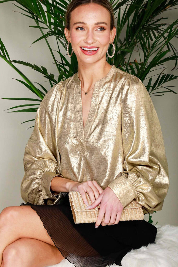 Henley Neck Long Balloon Sleeve Metallic Blouse Top  Metallic Gold