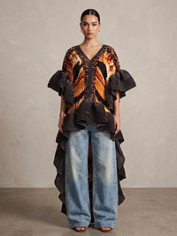 Plissé Ruffle Kimono Top – High Low Statement Brown Tunic Dress