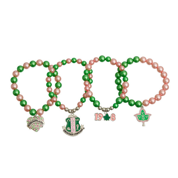 AKA Sorority Inspired Pink Green Pearl Bracelets: Stretch to Fit / Pink and Green / Pearl