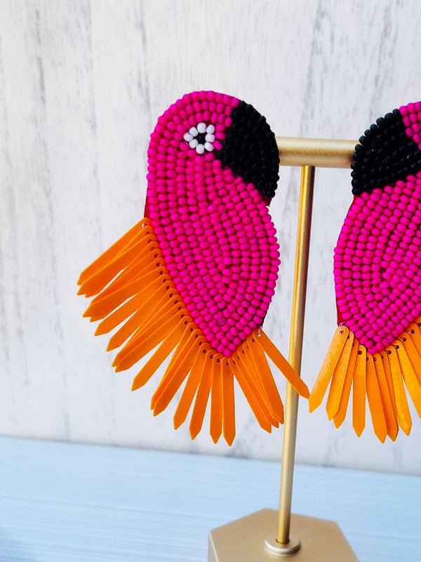 Parrot Bird Beaded Statement Earrings Hot Pink Animals