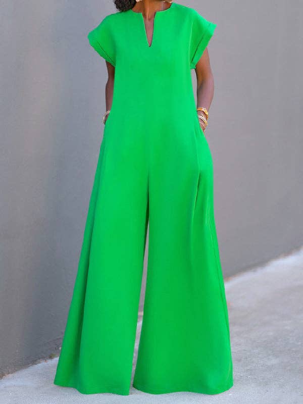 High Waisted Loose Pleated Pockets Solid Color V-Neck Jumpsuits: GREEN / S