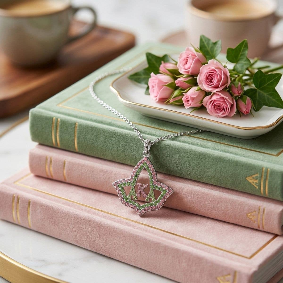 AKA Ivy Leaf Rhinestone Pendant Chain Necklace: Pink and Green / Rhodium / 16 + 3 inches
