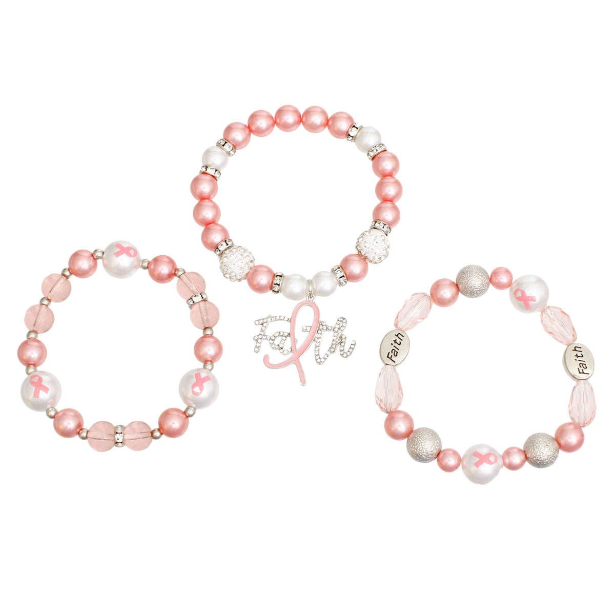 Bracelets Light Pink Breast Cancer Faith Set Women: Light Pink / Rhodium / Stretch to Fit