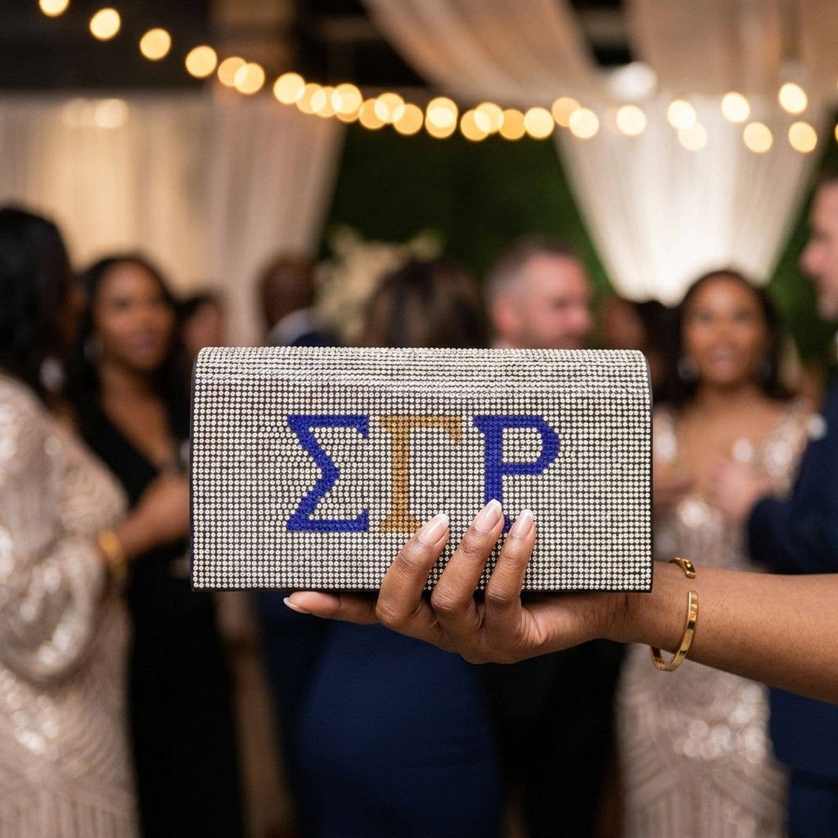 SGRHO Blue Gold Rhinestone Flap Snap Clutch Bag