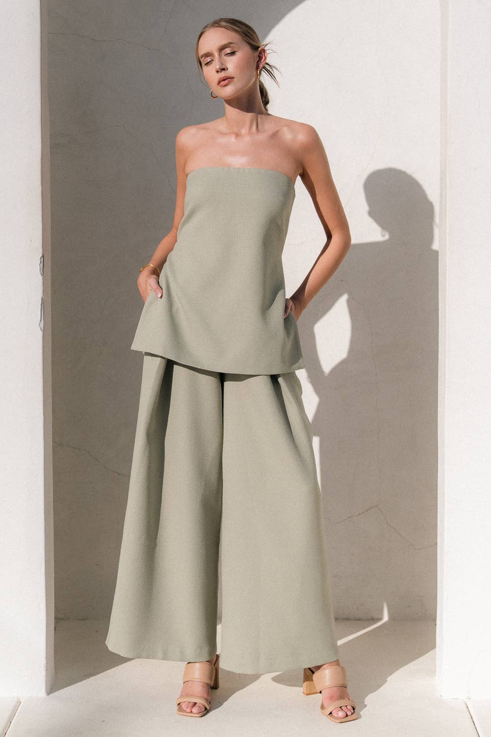 Francis Front Pleat Tailored Pant or Strapless Woven Side Slit Top -OLIVE or IVORY