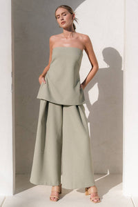 Francis Front Pleat Tailored Pant or Strapless Woven Side Slit Top -OLIVE or IVORY