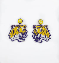Purple and Gold TIGER Beaded Statement Earrings, Purple and Gold, LSU,