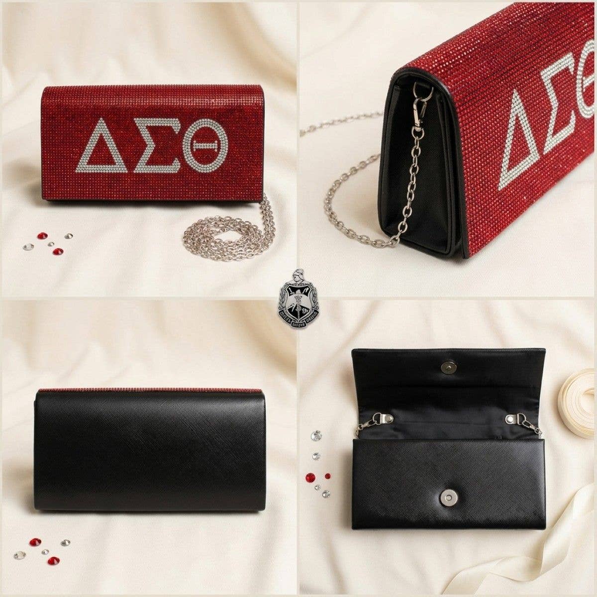 DST Red with Clear Rhinestone Flap Snap Clutch Bag