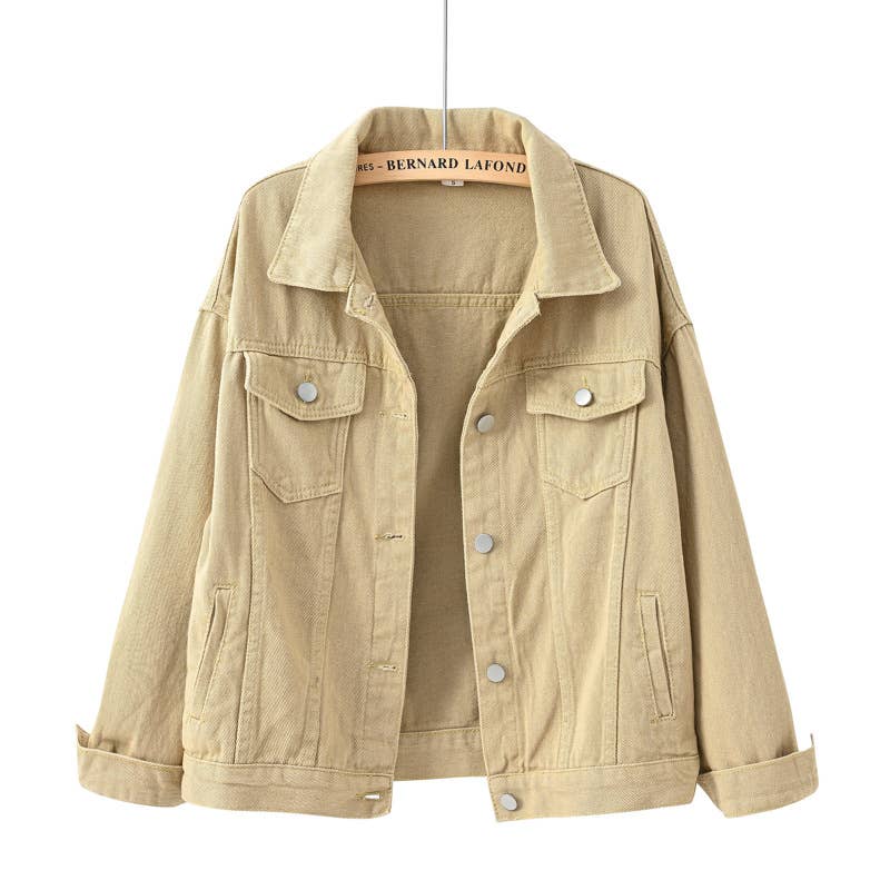 Solid color slim cropped denim jacket casual jacket: RED / (XL) 1
