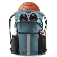 Drawstring Bag with Water Bottle Holder and Pockets Gym Bag: Black