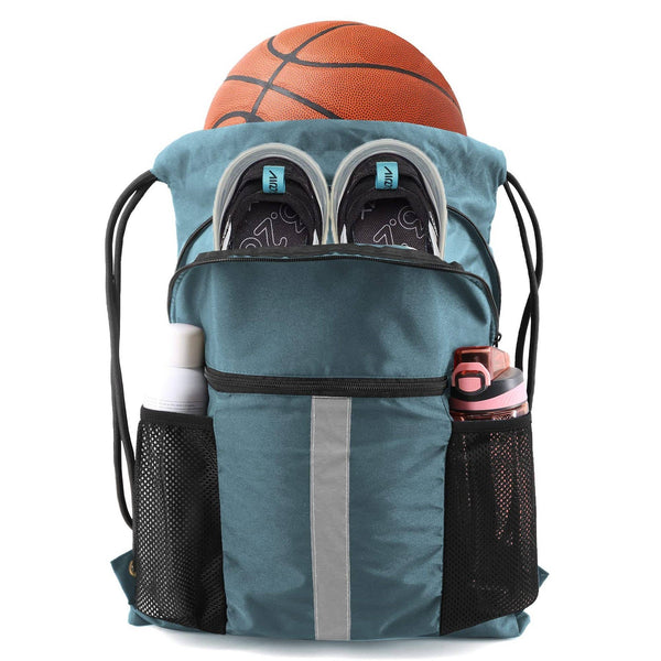 Drawstring Bag with Water Bottle Holder and Pockets Gym Bag: Black