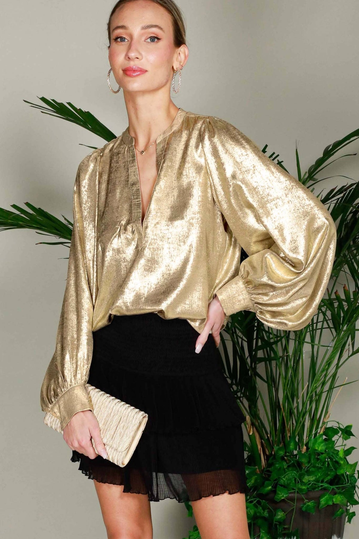 Henley Neck Long Balloon Sleeve Metallic Blouse Top  Metallic Gold