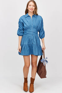 Daphne Ruched Sleeve Tiered Button Up Shirt Dress