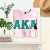 AKA Embroidered Patch M T-Shirt Sorority Apparel: Pink and Green / Multi Tone / Medium