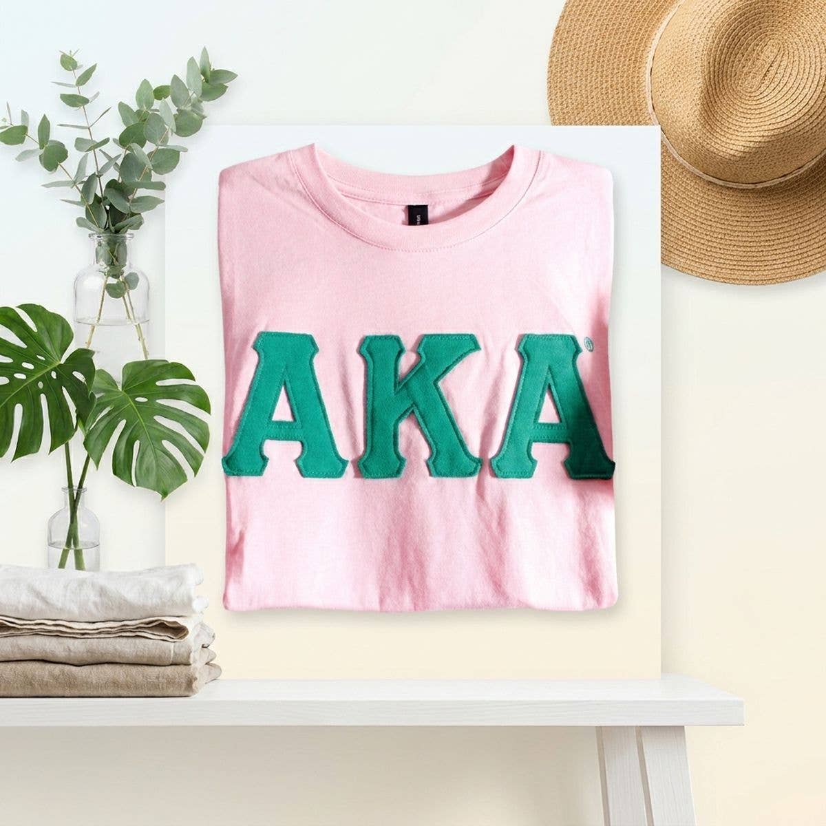 AKA Embroidered Patch XL T-Shirt Sorority Apparel: Pink and Green / Multi Tone / X-Large