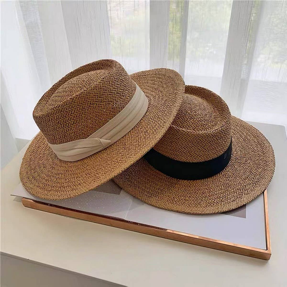 BEACH VACATION SUN FEDORA STRAW HATS FOR WOMEN_CWAH1151: KHAKIBLACK / (OS) 1