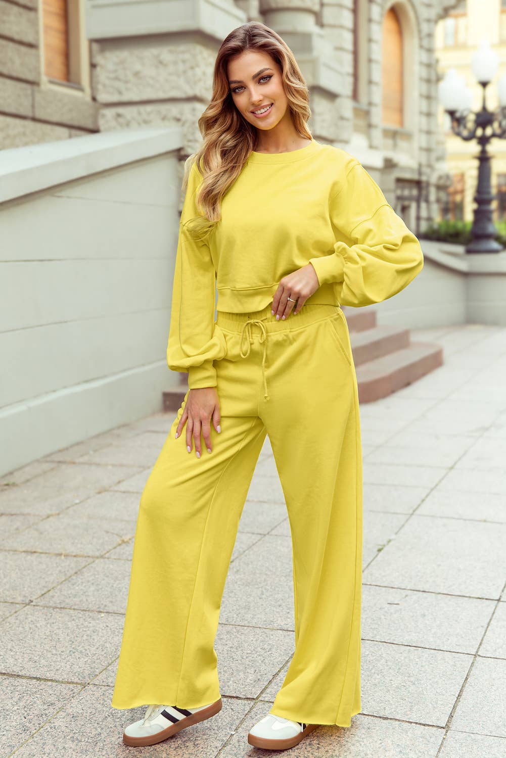 Vivian Drop Shoulder Crop Pullover Drawstring Wide Leg Pants Set