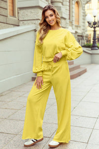 Vivian Drop Shoulder Crop Pullover Drawstring Wide Leg Pants Set