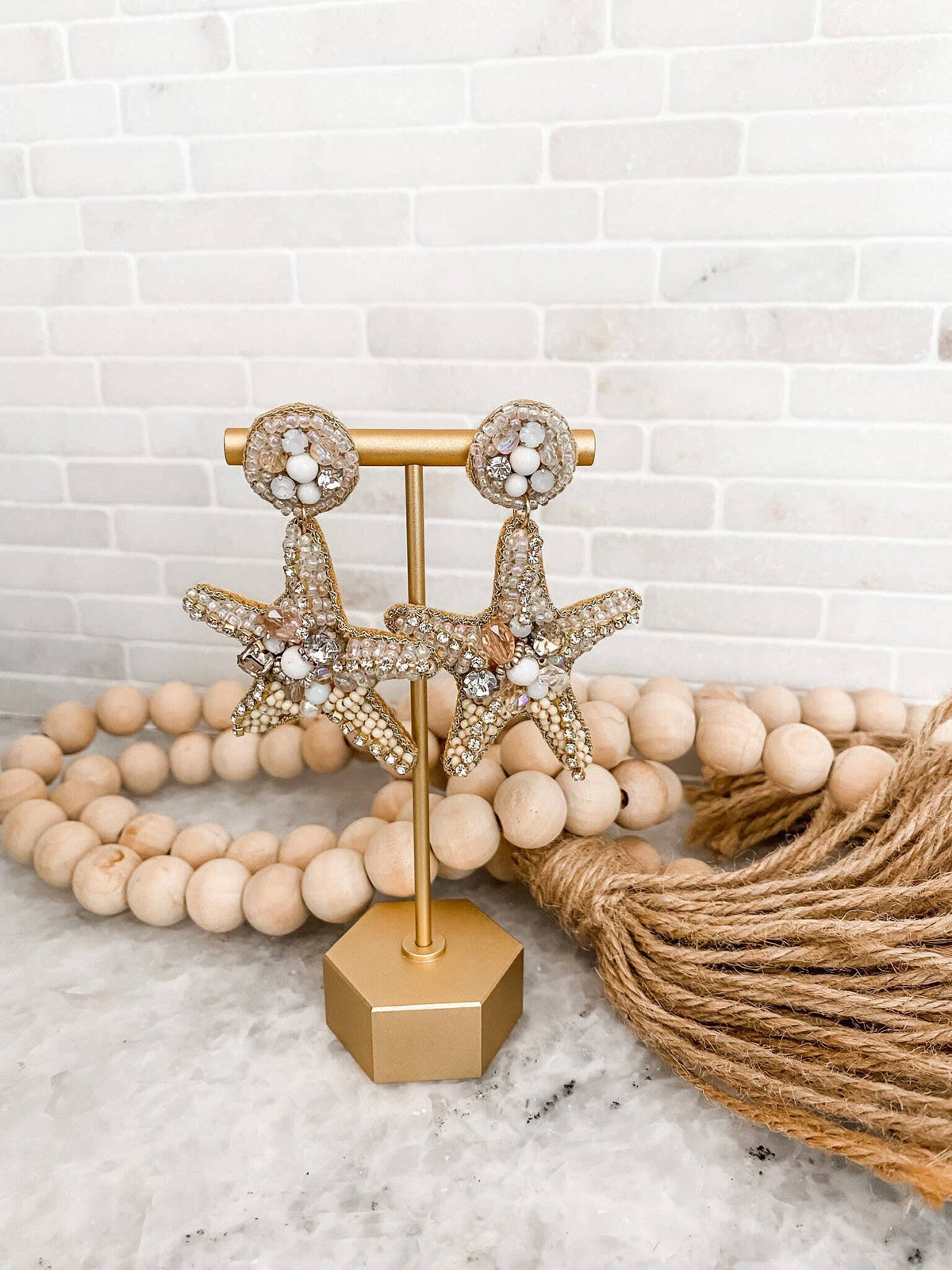 Gold Starfish Crystal Beaded Statement Earrings
