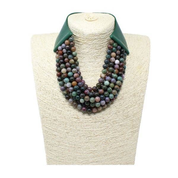 FAUX LEATHER REALSTONE LAYERED BEAD CHUNKY NECKLACE: TG