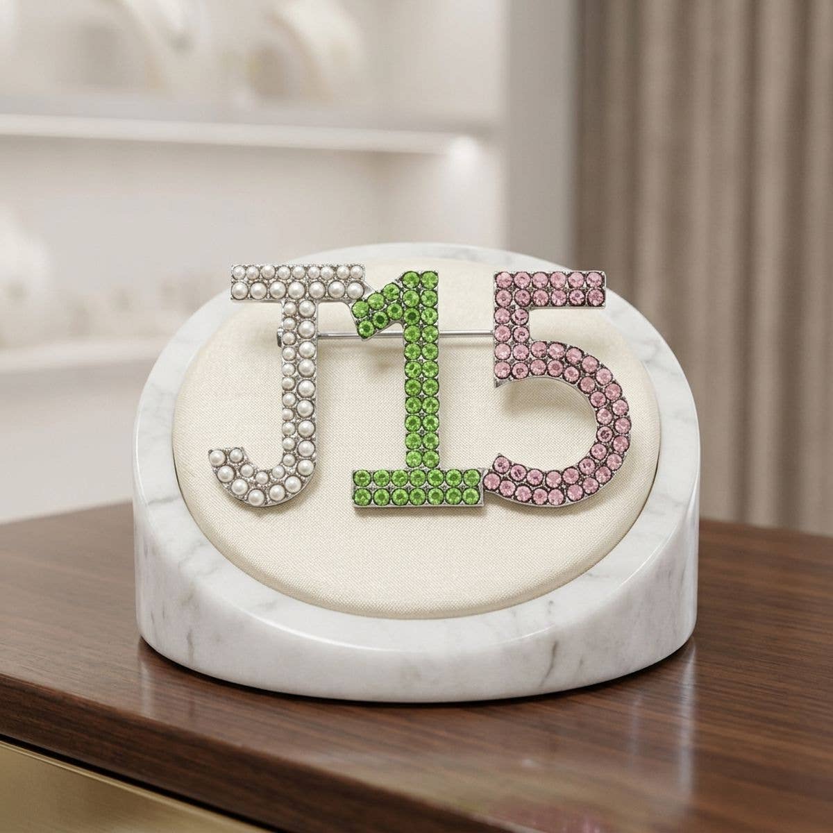 Alpha Kappa Alpha J15 Pearl Rhinestone Brooch: Pink and Green / Rhodium / 1 x 1.85 inches