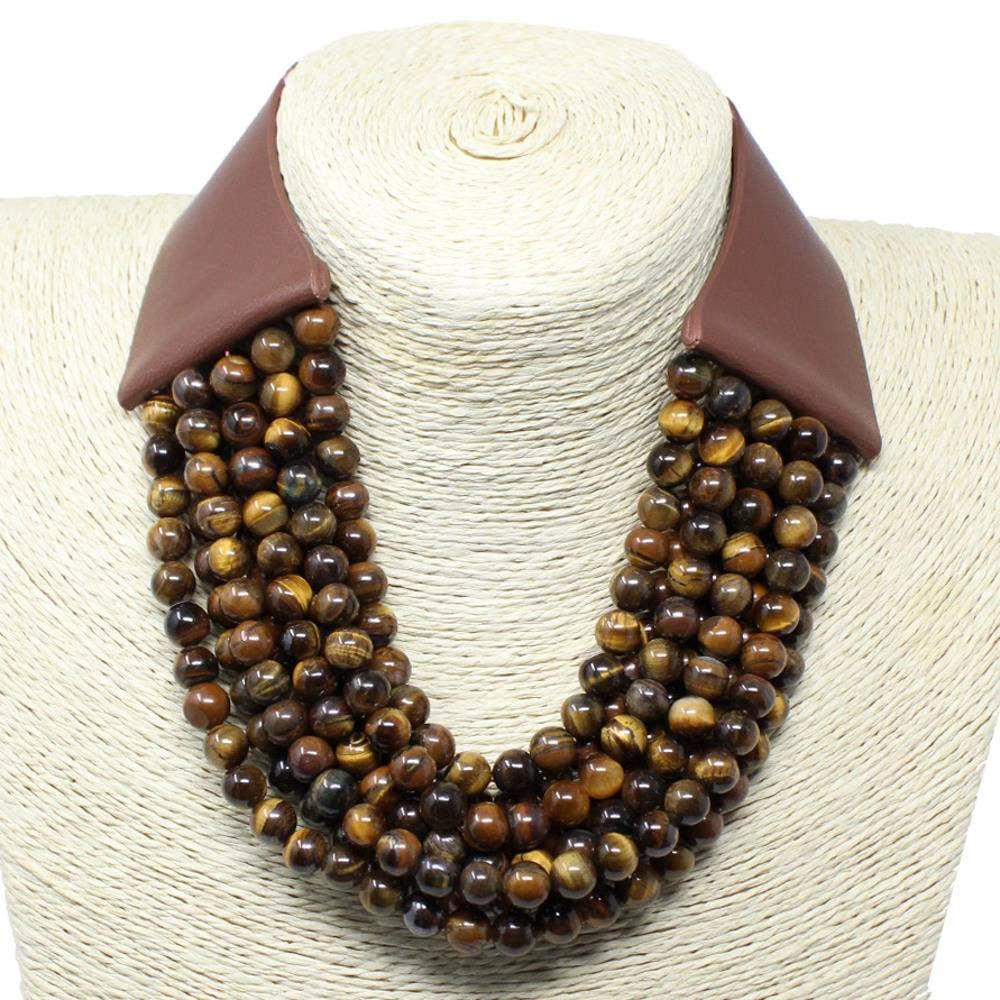 FAUX LEATHER REALSTONE LAYERED BEAD CHUNKY NECKLACE: TG