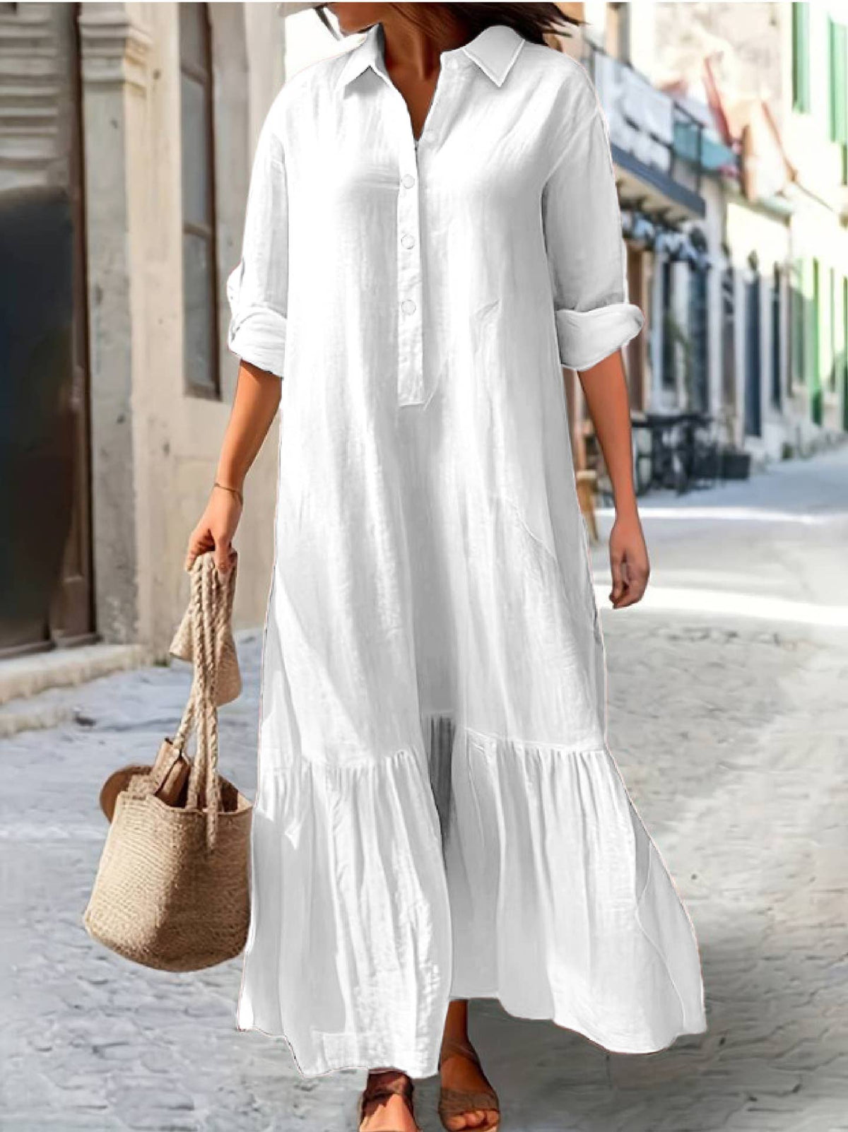 Carmen Button Ruffles Henley loose long-sleeved maxi dress: White