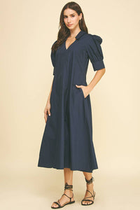 Harriet Navy V-NECK PLEATED A-LINE DRESS