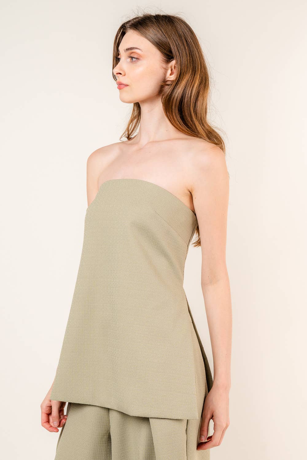 Francis Front Pleat Tailored Pant or Strapless Woven Side Slit Top -OLIVE or IVORY