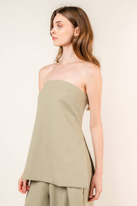 Francis Front Pleat Tailored Pant or Strapless Woven Side Slit Top -OLIVE or IVORY