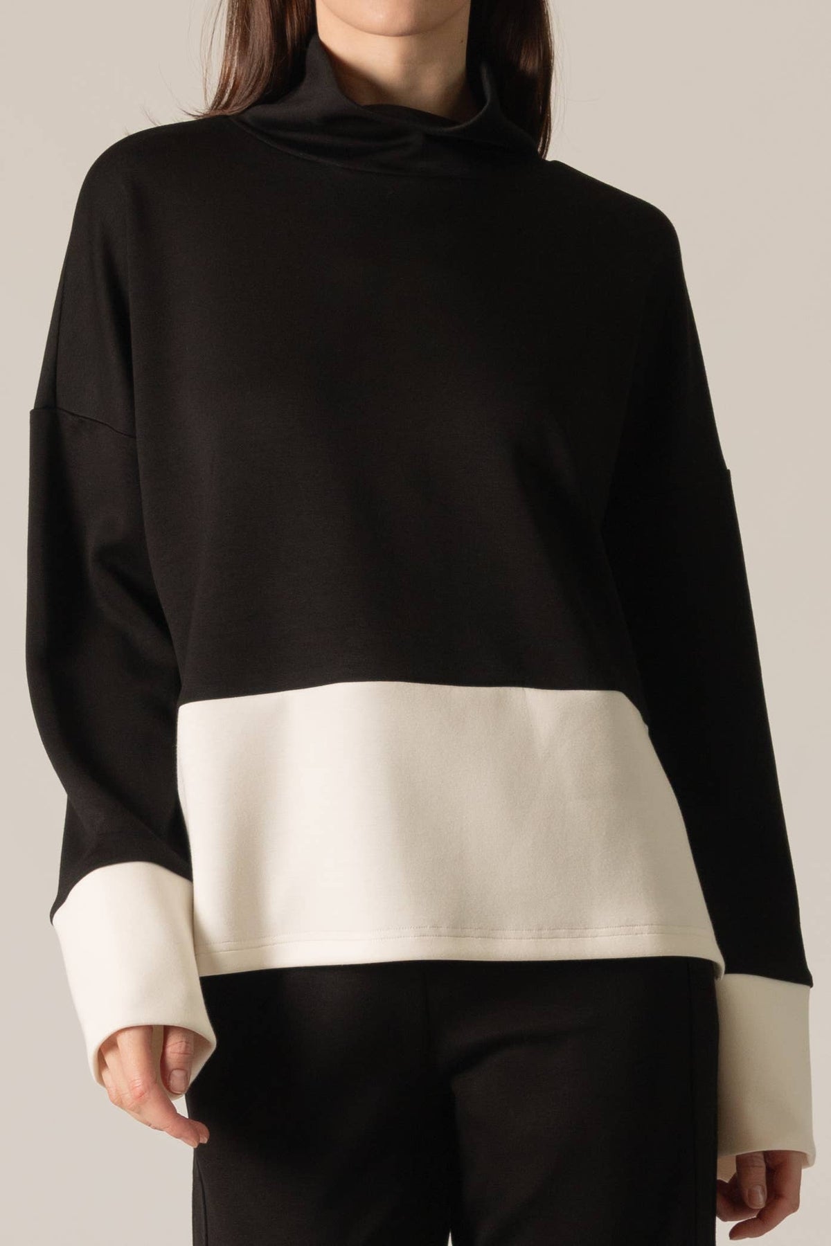 P. CILL Butter Modal Color Block Mock Neck Top: Black-Ivory