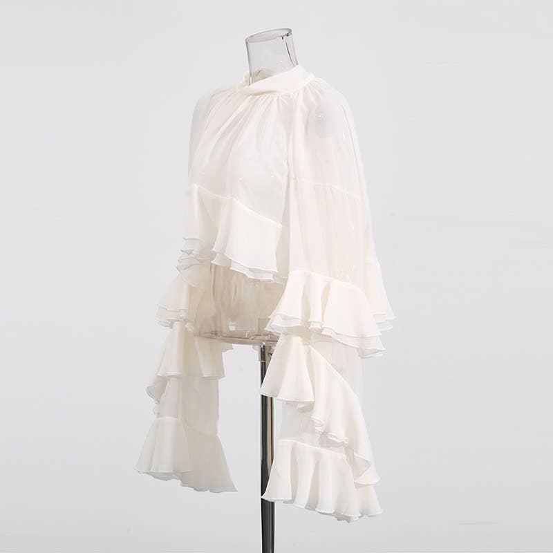SY636 Layered Ruffle Chiffon Blouse Long Sleeve Chic: Off-White / English / M