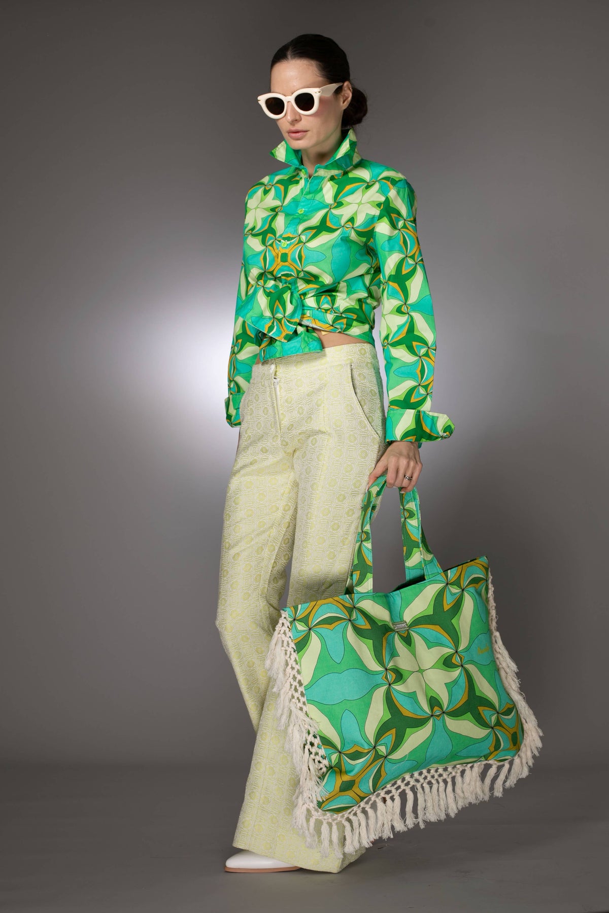 Green Swirl Cotton Long Sleeve Shirt  : Multi / S