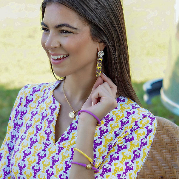 LSU Tigers Pearl Cluster Outline Enamel Drop Earrings in Yel