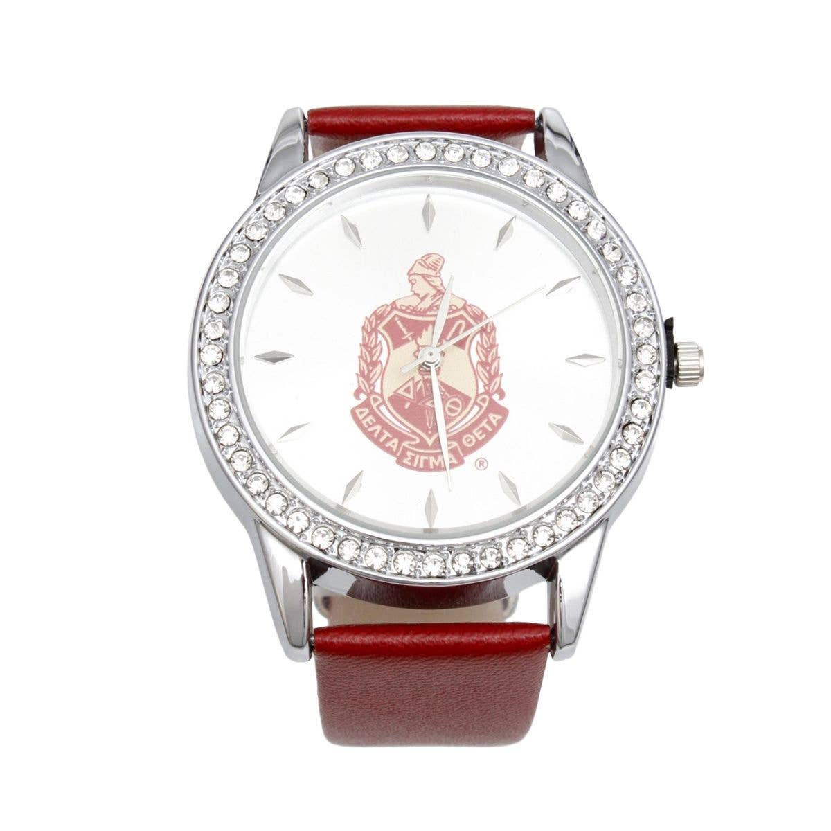 DST Red Leather Silver Sun Cut Dial Watch Women: Color: Red / Plating: Rhodium / Size: Adjustable