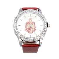 DST Red Leather Silver Sun Cut Dial Watch Women: Color: Red / Plating: Rhodium / Size: Adjustable