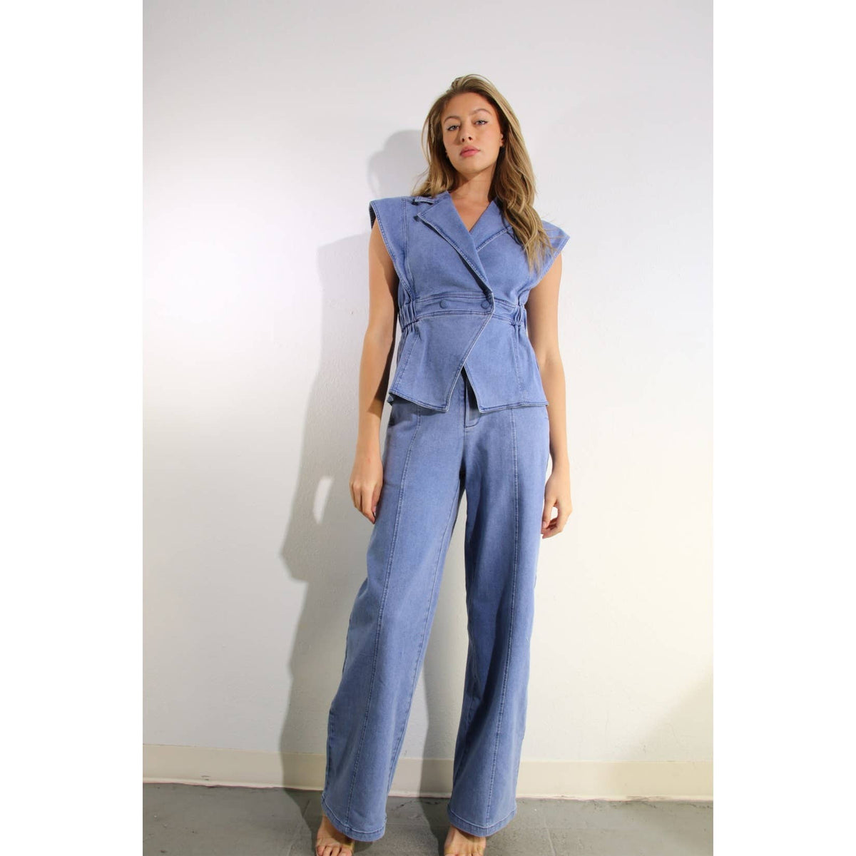ATHENA STRETCH COLLARED TOP AND PANTS SET in DENIM