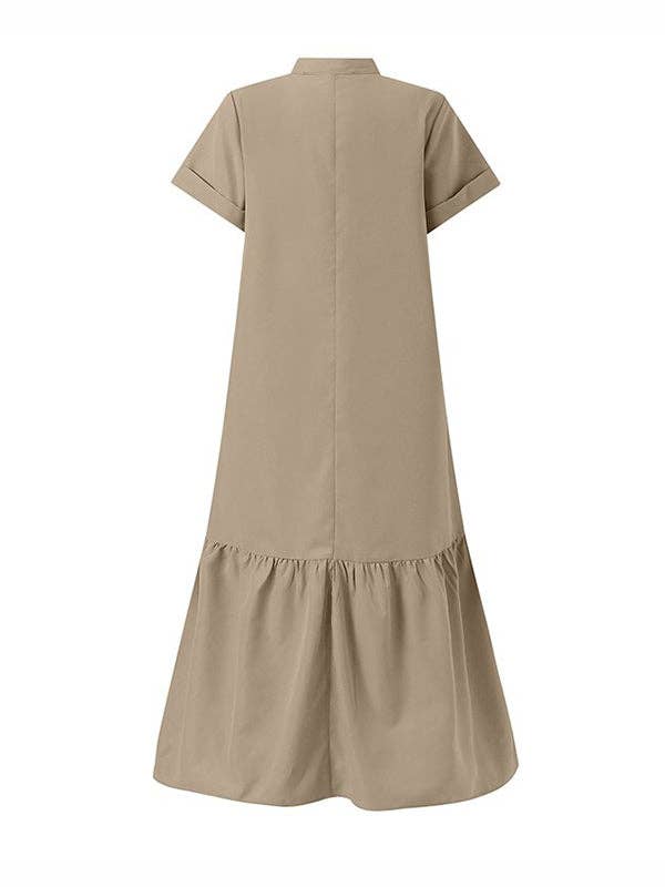 A-Line Loose Solid Color Split-Joint V-Neck Maxi Dresses: KHAKI / S