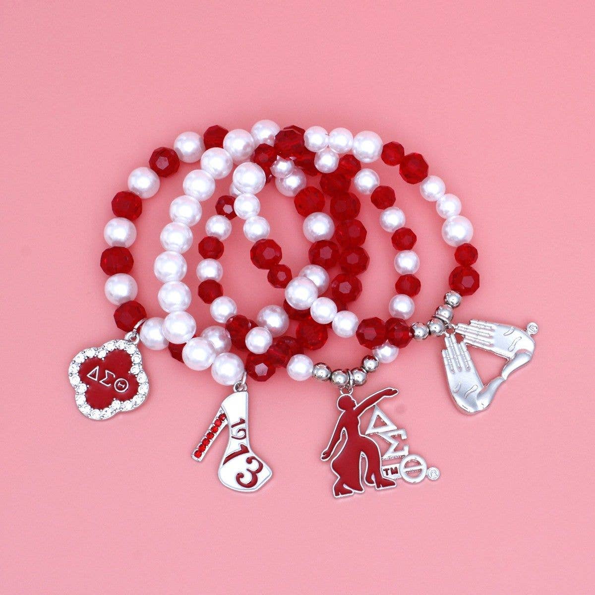 Delta Sigma Theta Sorority Red Bead White Pearl Charm Bracelets