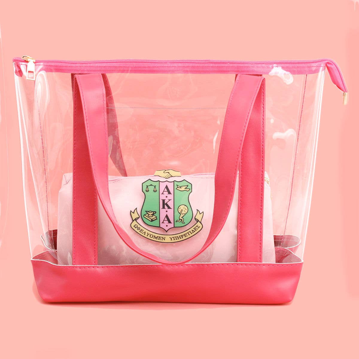 Tote Pink Clear AKA Sorority Bag for Women: Pink and Green / Multi Tone / 11.75 x 6.25 x 11 inches