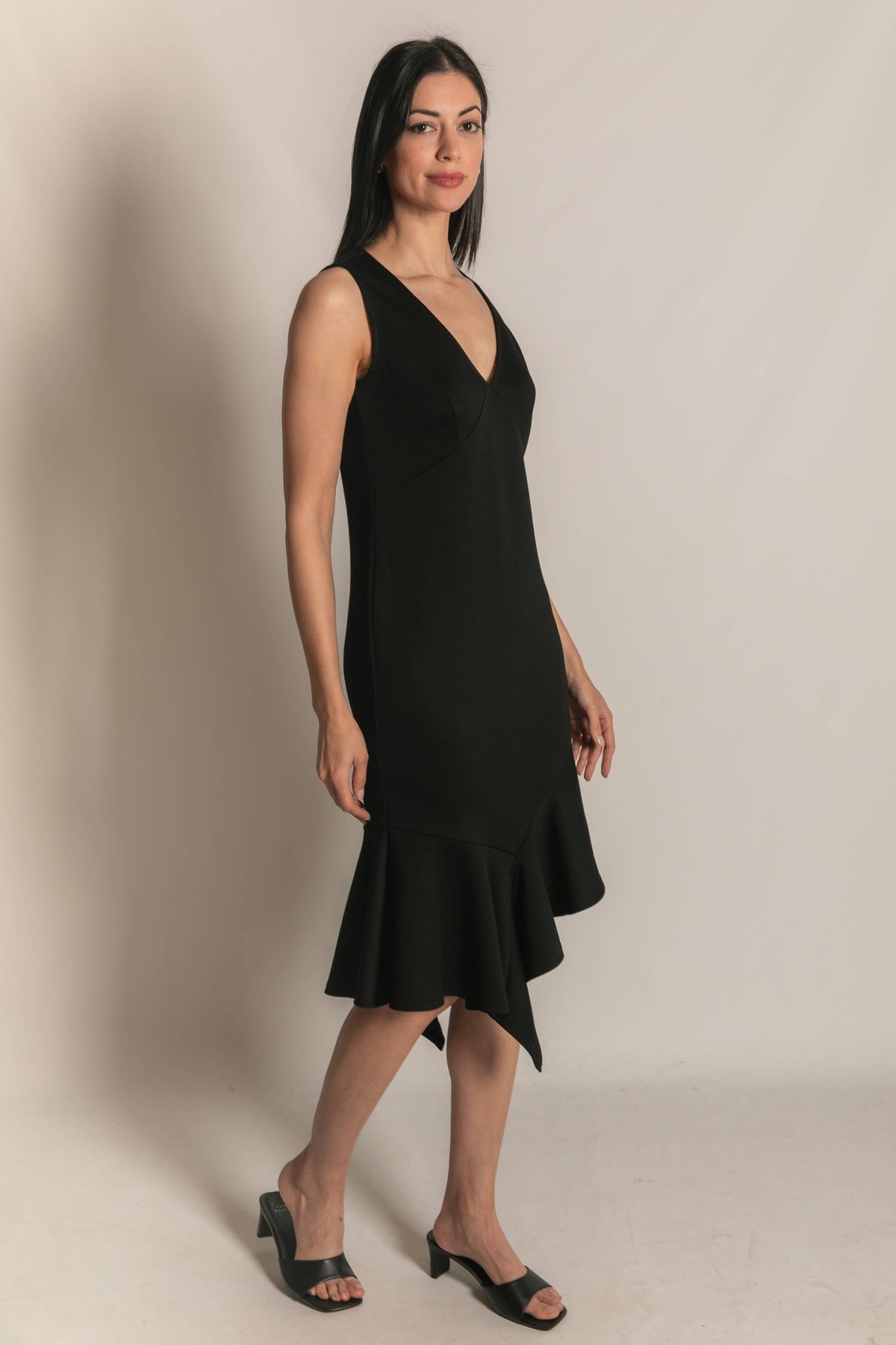 P. CILL Butter Modal Ruffle Bottom Sleeveless Midi Dress: Black / L