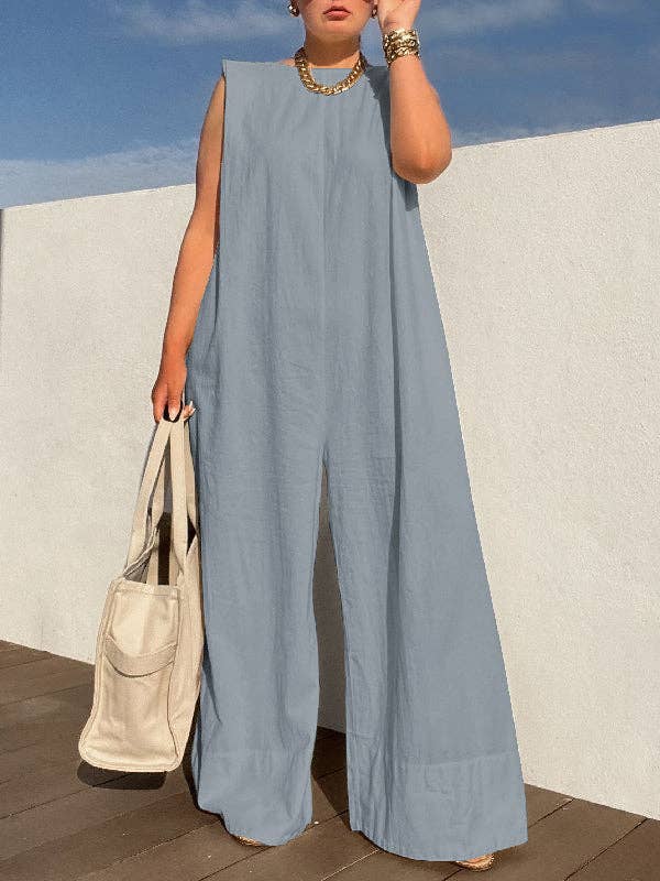 Sleeveless Wide Leg Shoulder Pad Solid Color Jumpsuits: GREEN / S
