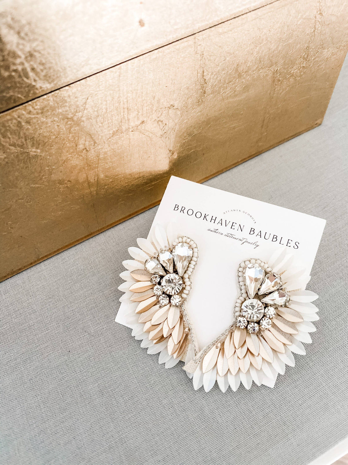 Ivory Gold Ombré Beaded Crystal Winged Statement Earrings
